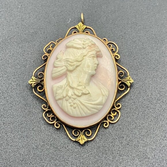 14KY Gold Victorian Shell Cameo Pendant w/ Scroll Filigree Frame 1.75 x 1.25" - Picture 2 of 10